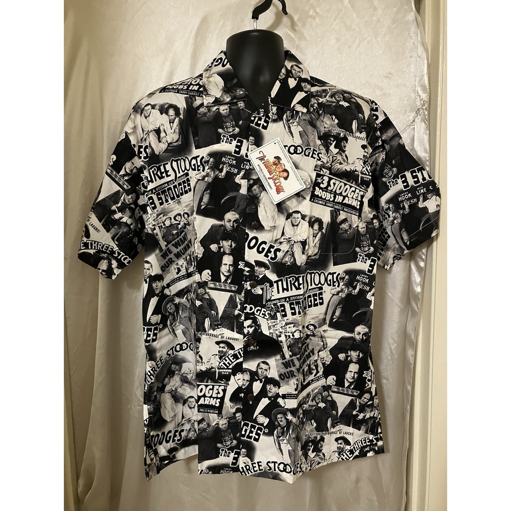 VTG NOS Max Boxxer Three Stooges All Over Print Button-Up Shirt L USA NWT Aloha